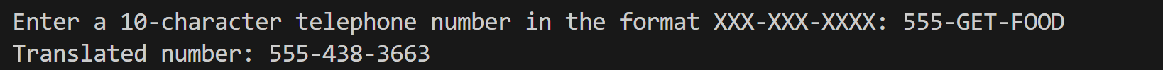 output for the alphabetic telephone number 555-GET-FOOD input by user to a python program