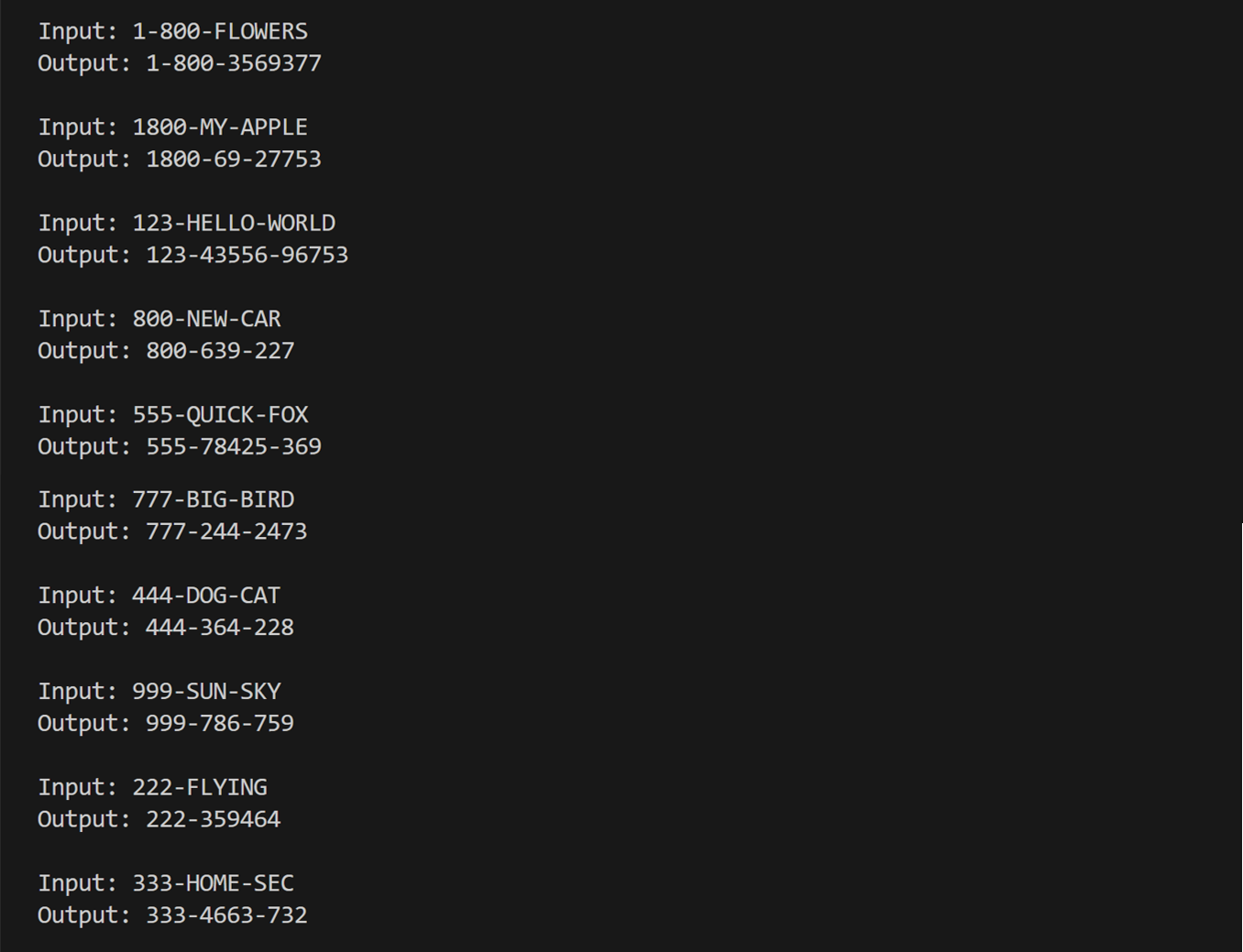 output of 10 different alphabetic telephone number translator in Python